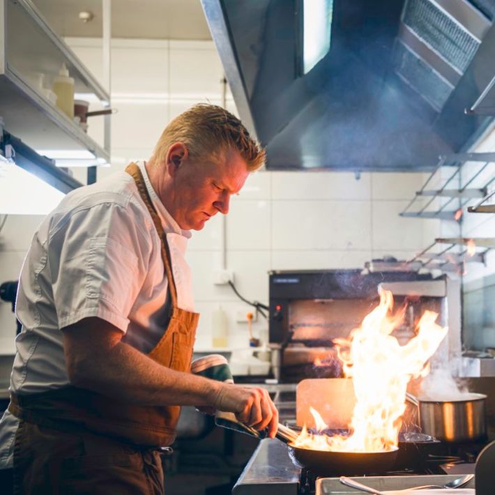 Chef Shaun Clouston cooking with natural gas at Logan Brown restaurant in Wellington.