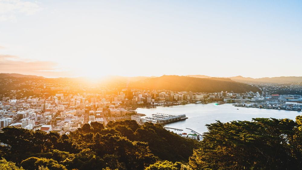 Sunset over Wellington city and harbour.