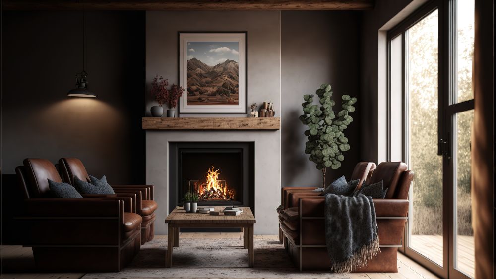 Simple living room in a modern farmhouse with little decoration Brown leather sofa and armchairs with a gas fireplace.