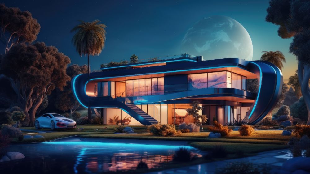 Futuristic home including electric vehicle.