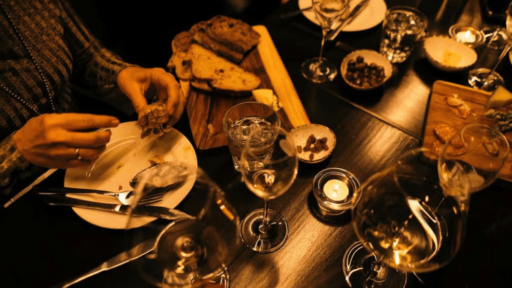 Table of food and wine.