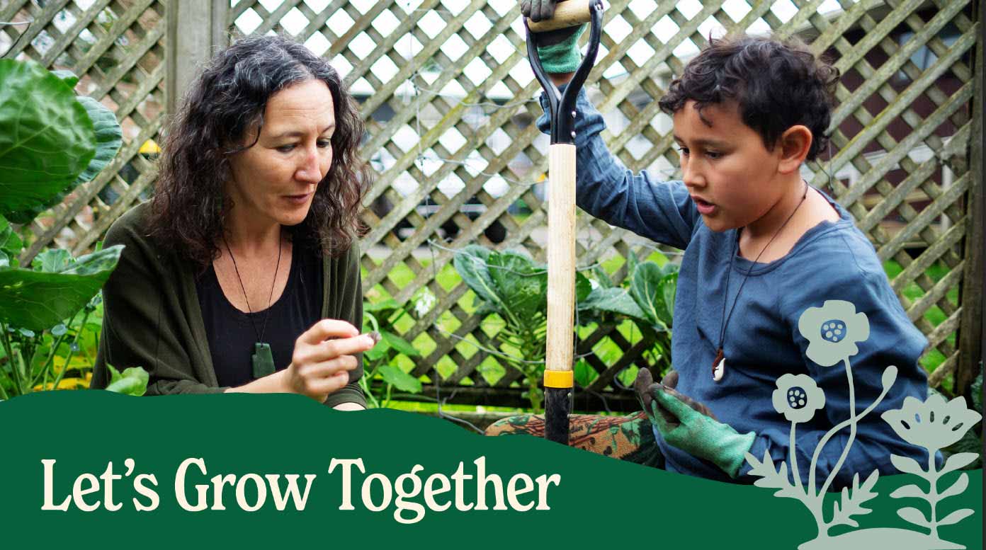 woman and boy planting