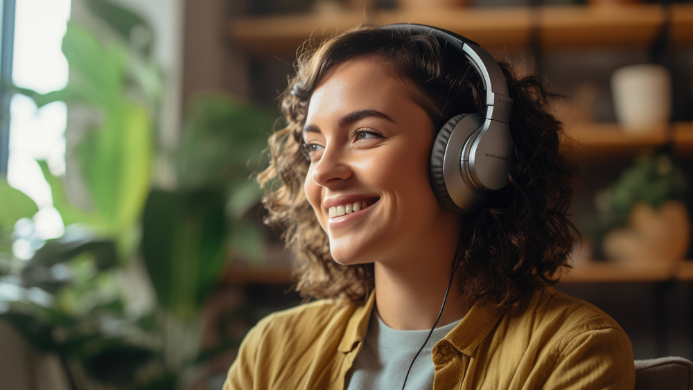 Woman with headphones on listening to a podcast.