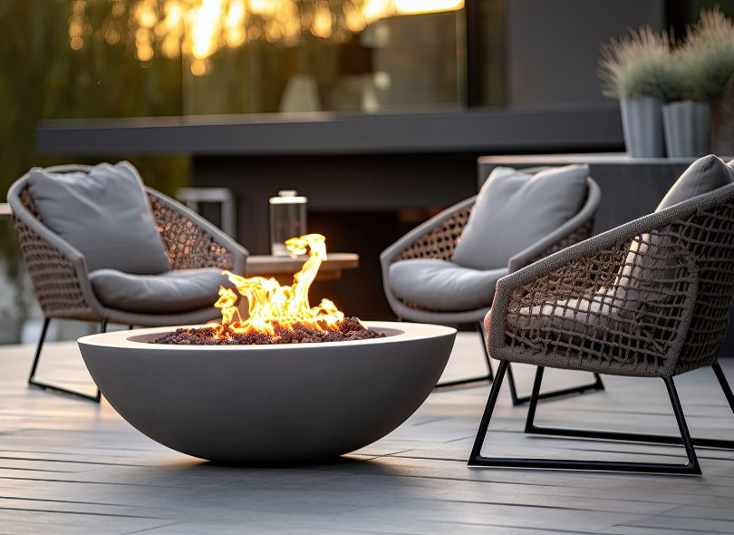 Chairs sitting around a gas fire pit.