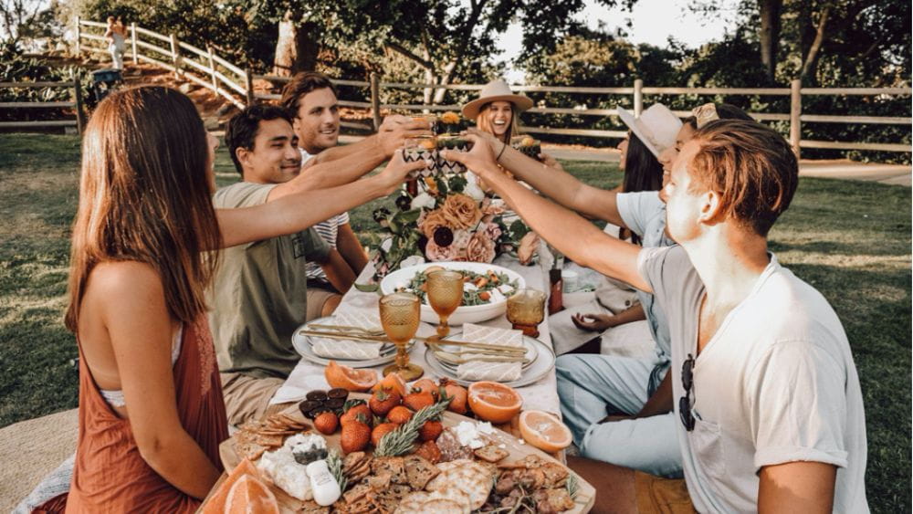 Cheers - people enjoying a dinner party outside.