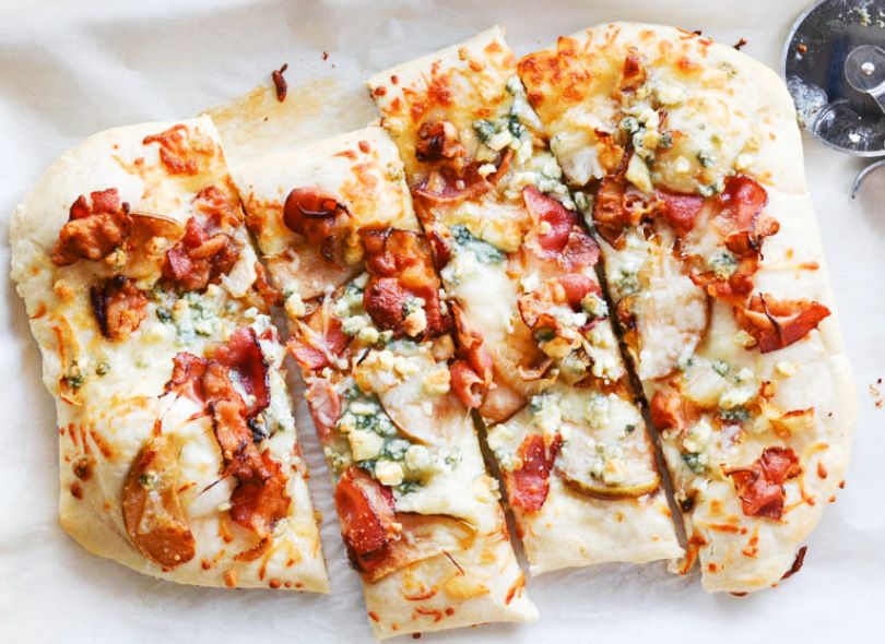 Pear, bacon and blue cheese pizza.