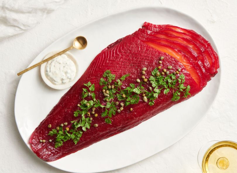 Beetroot cured salmon served with with zesty mayonnaise.