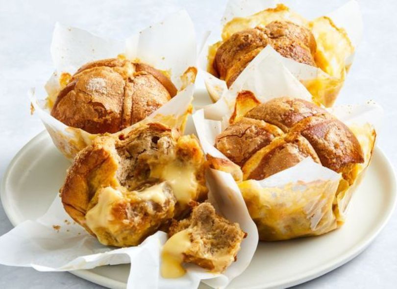 Muffin pan caramilk hot cross puddings.