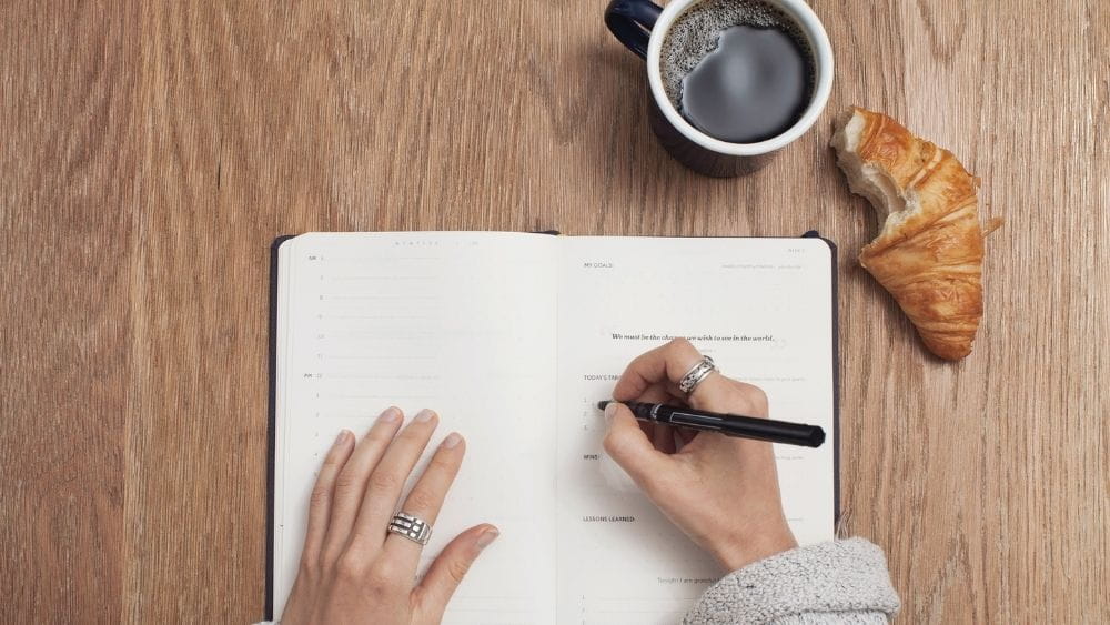 woman writing in diary , coffee and scone on the table