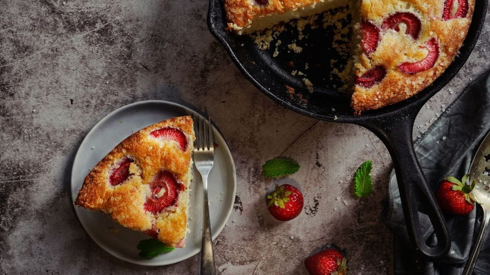 Delicious strawberry cake made on the stovetop in a pan.